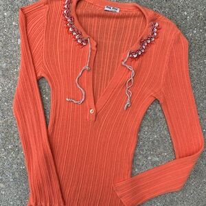 Miu Miu Orange Ribbed Top with Embellished Collar